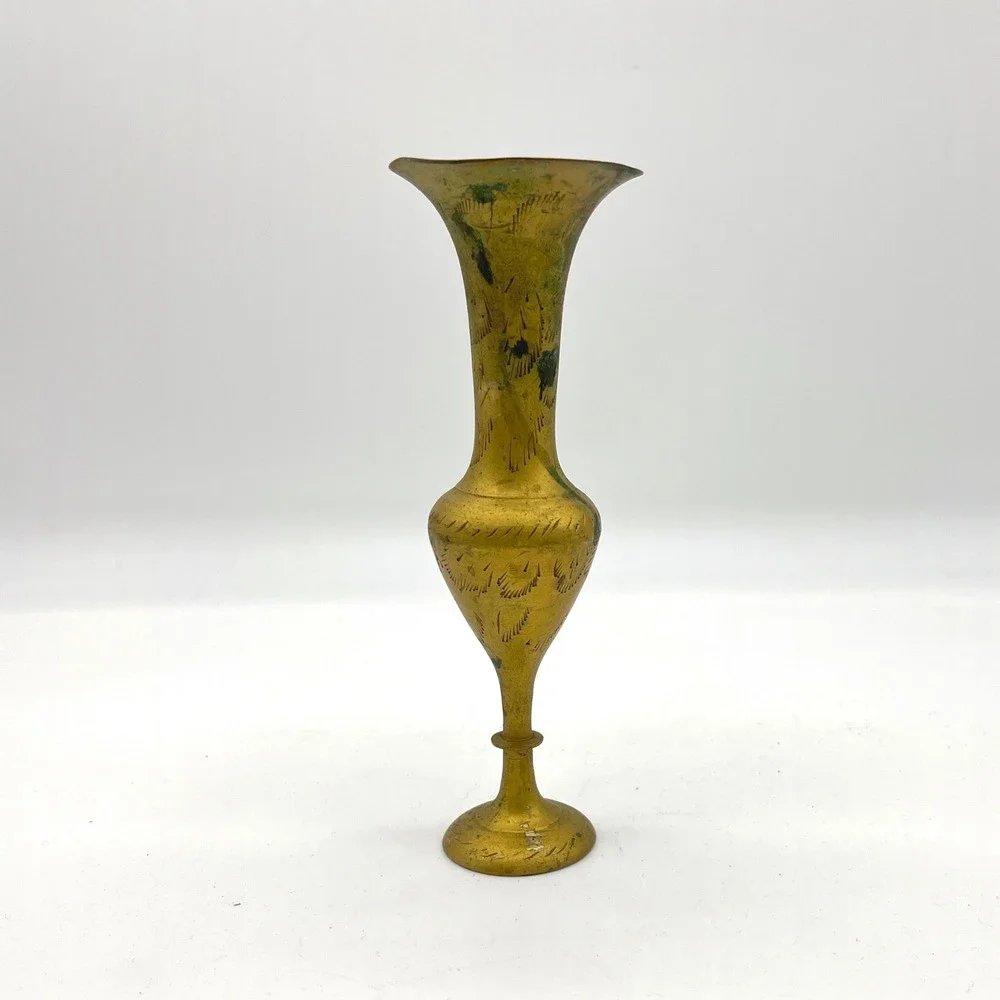 Vintage Brass Etched Bud Vase‎ Elegant Trumpet Neck Pedestal Base